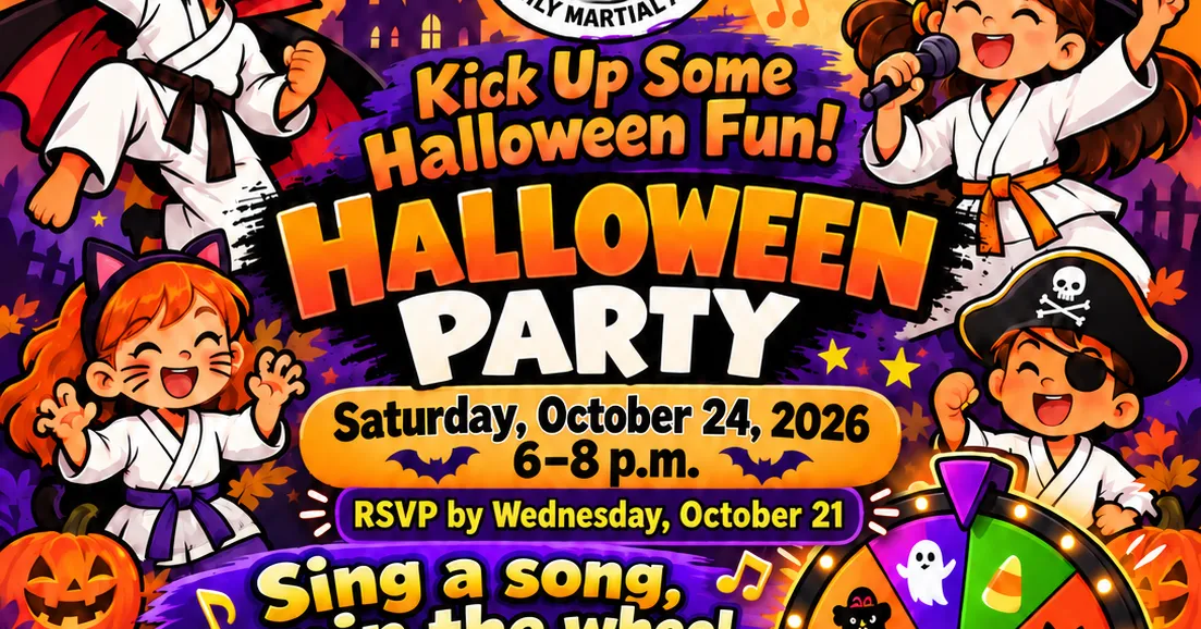 Halloween Party flyer artwork with cartoon karate kids in costumes