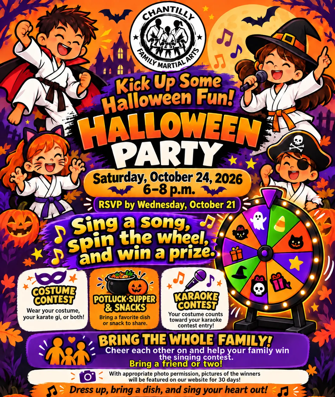 Halloween Party flyer: Kick up some Halloween fun! Saturday, October 24, 2026, 6–8 p.m. Costume contest, potluck supper and snacks, and karaoke contest.
